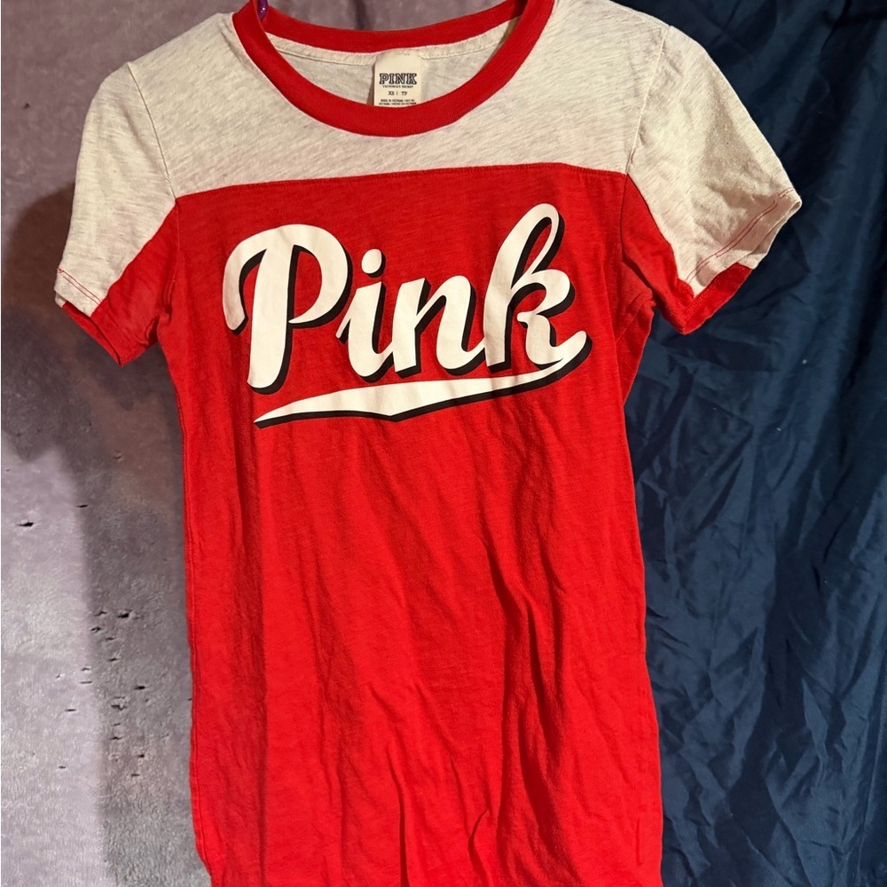 PINK Victoria's Secret Red and White Short Sleeve Tee